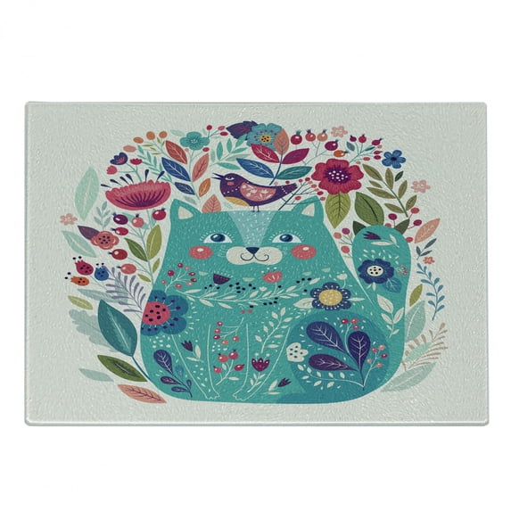 Cat Cutting Board, Kitty Surrounded by Birds Flowers Ladybugs Inspirational Folk Theme, Decorative Tempered Glass Cutting and Serving Board, Small Size, Multicolor Seafoam, by Ambesonne