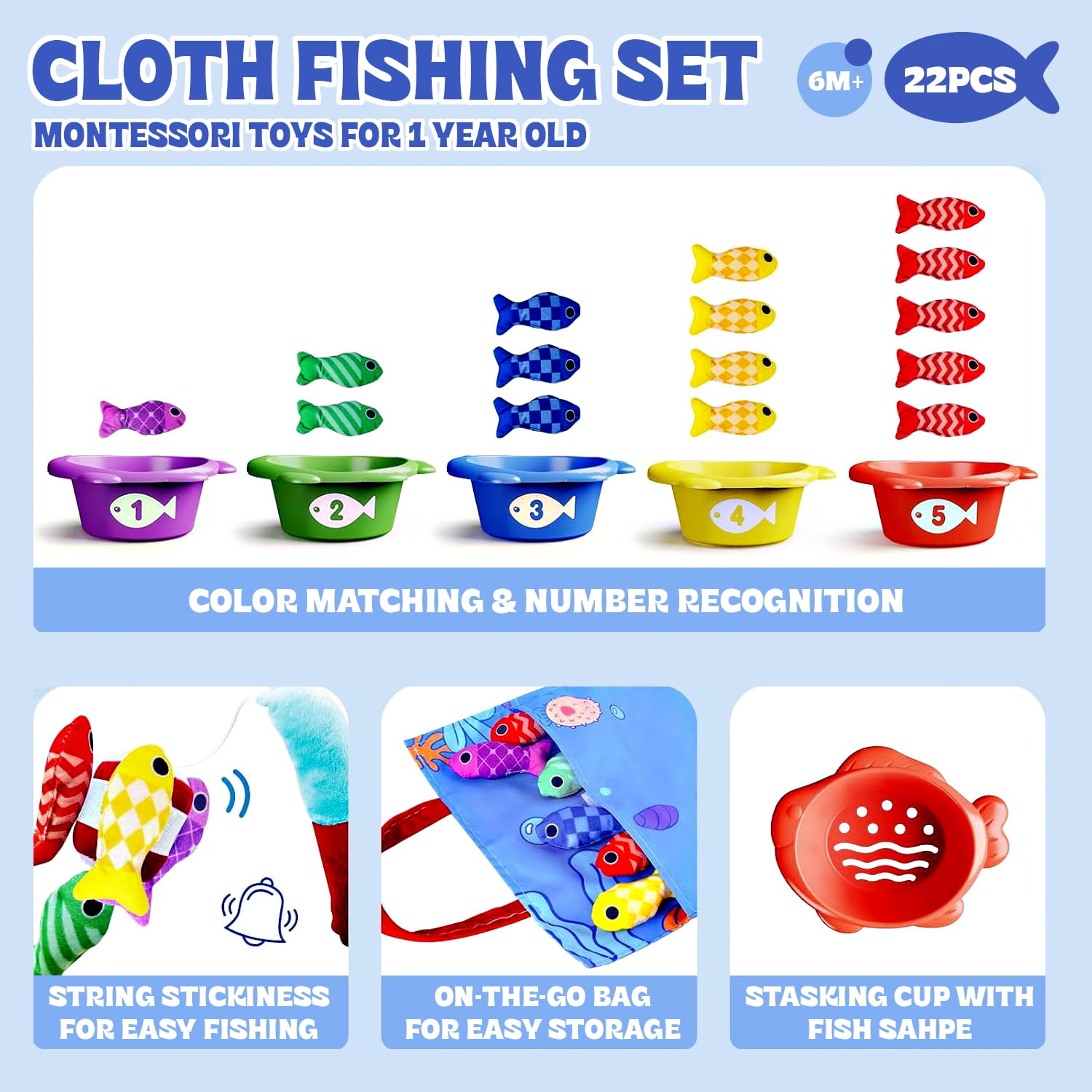 Montessori Toys for Boy Girl, Cloth Fishing Game for Toddlers, Learning Toys, Baby Toys