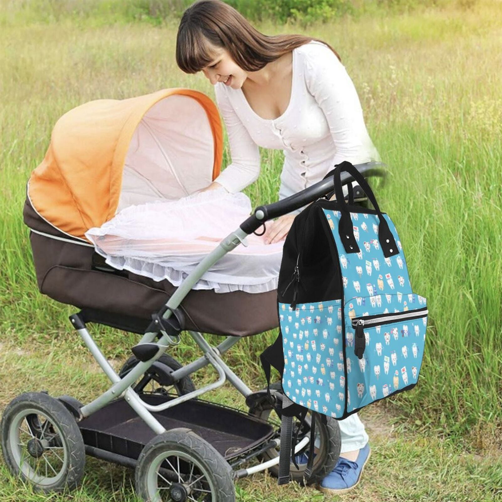 Ratiio Healthy And Ill White Teeth Mummy Backpack - Waterproof Twill Canvas, Large Capacity Diaper Bag with Multiple Pockets and Adjustable Straps
