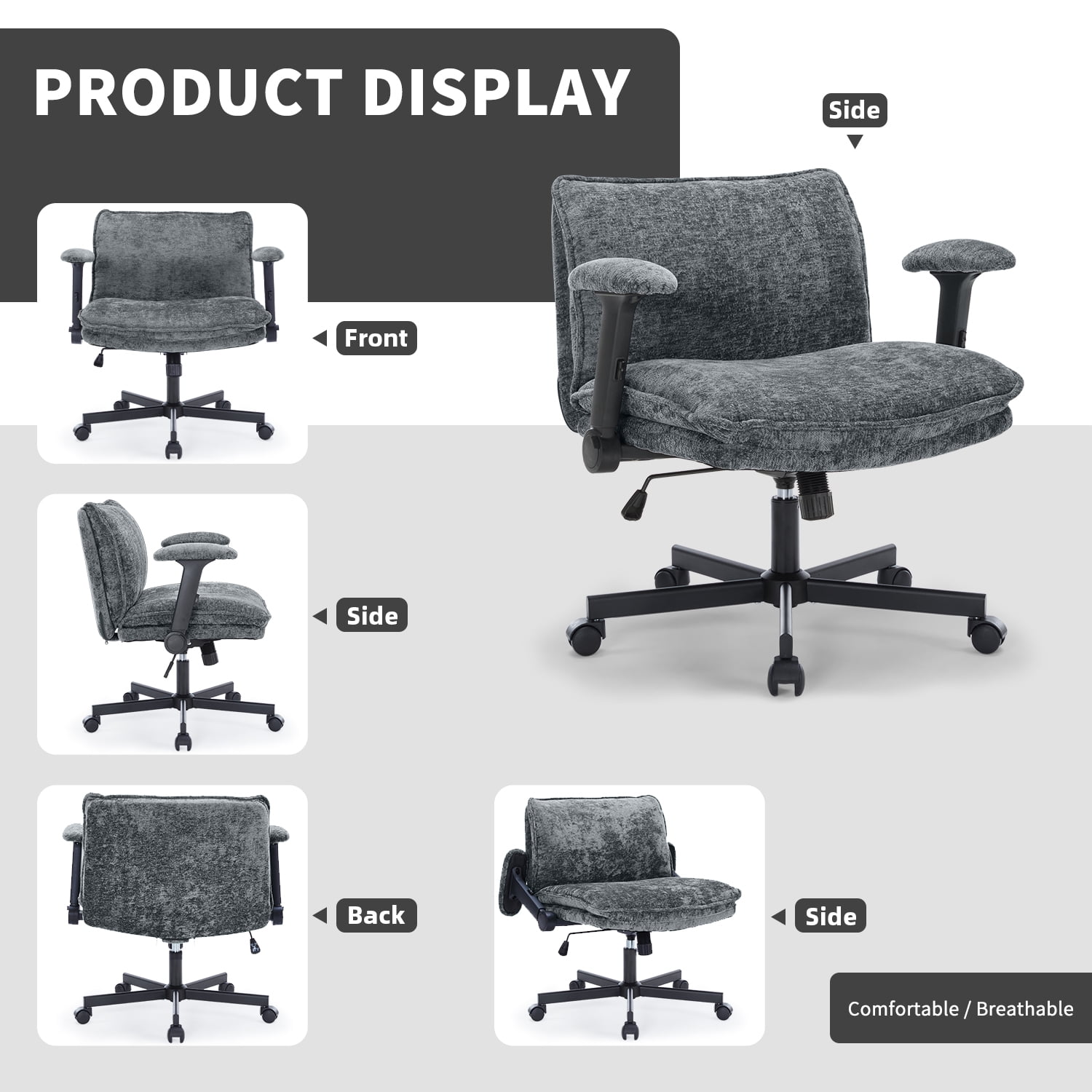 Criss Cross Chair with Wheels and Adjustable Flip-Arms, Cross Legged Office Chair with Thick Cushion, Wide Makeup Vanity Chair, Comfy Swivel Desk Chair for Home Office, Apartment, Bedroom, Grey