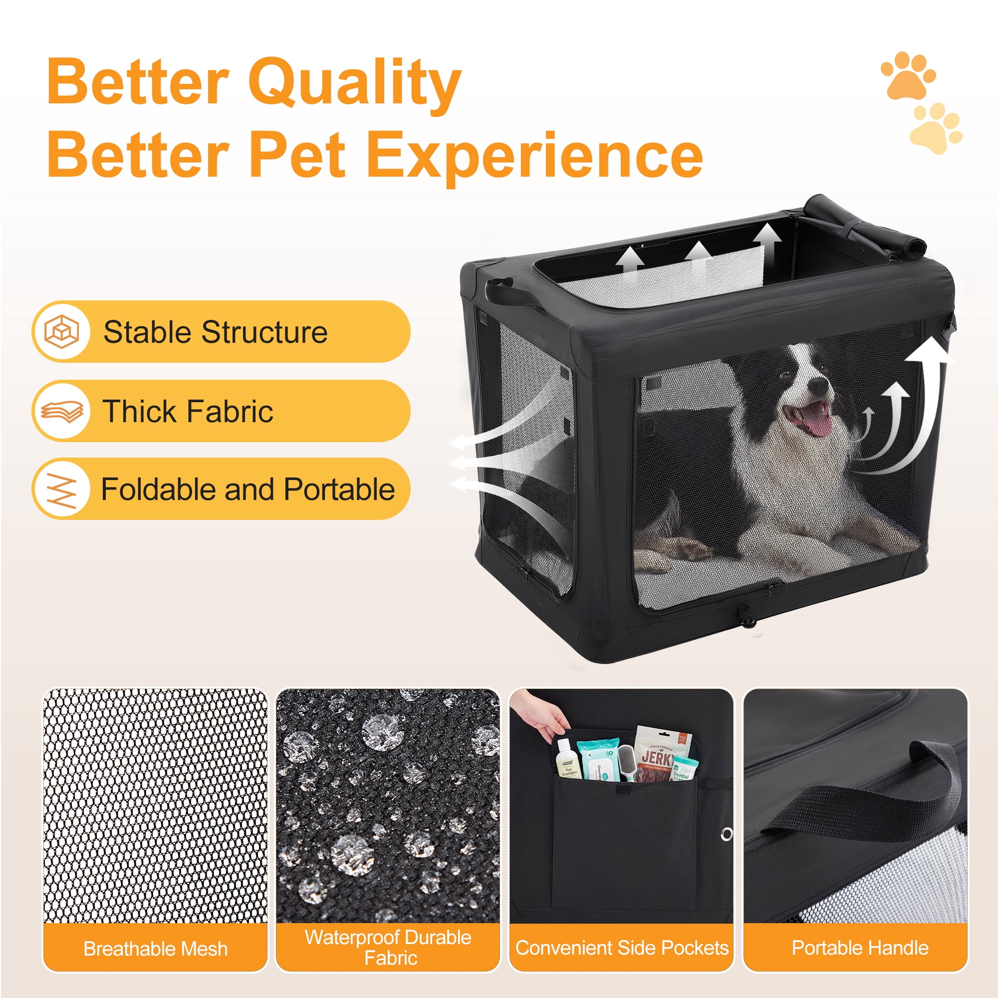 Sweetcrispy Portable Soft-Sided Dog Crate, Folding Travel Kennel with 3 Doors & Storage Pocket, Lightweight Oxford Fabric, Black, 30 lb Limit