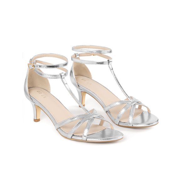 BLISSFUL STEP Open Toe Ankle Strap Slingback Kitten Heels Sandals for Women Silver 7.5