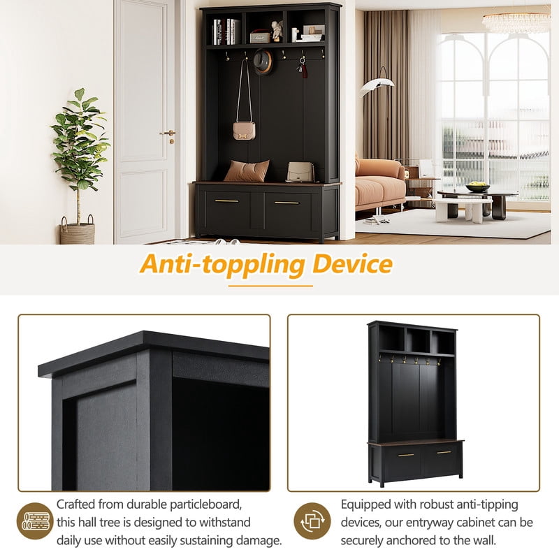 Versatile 4-in-1 Hall Tree with 6 Golden Hooks, Entryway Bench with 2 Drawers, Entryway Coat Rack with Top Storage for Living Room, Hallway