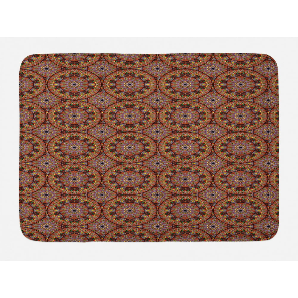 Bohemian Bath Mat, Colorful Round Figures with Floral Details Ethnic