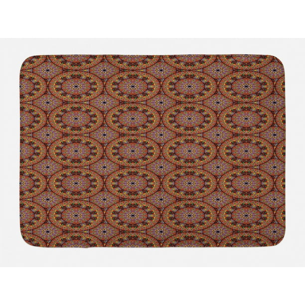 Bohemian Bath Mat, Colorful Round Figures with Floral Details Ethnic