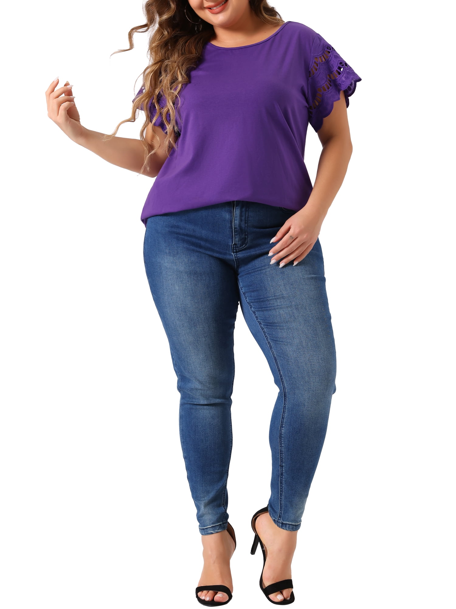 DARING DIVA Women's Plus Size Round Neck Lace Panel Blouses 4X Purple