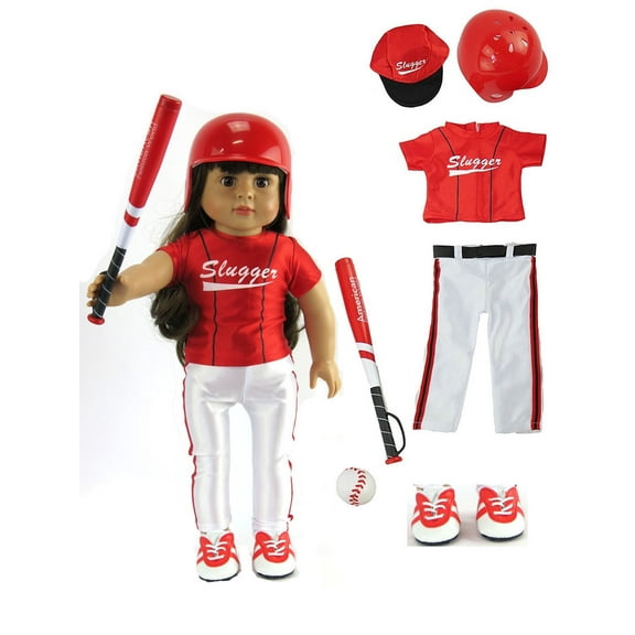American Fashion World Baseball "Slugger" Outfit for 18” Dolls, Red, Includes Bat, Helmet, Shoes