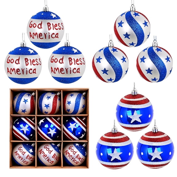 9Pcs Patriotic Christmas Ball Ornaments Set, Red White Blue Glitter Electroplated Hanging Balls for Independence Day 4th of July Memorial Day Party Decor