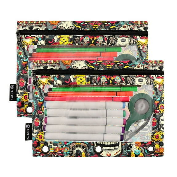 2 Pack Pencil Pouch for 3 Ring Binder Smooth Zipper Folders with Pockets Clear Window Pencil Case Stylish and Cool Skull