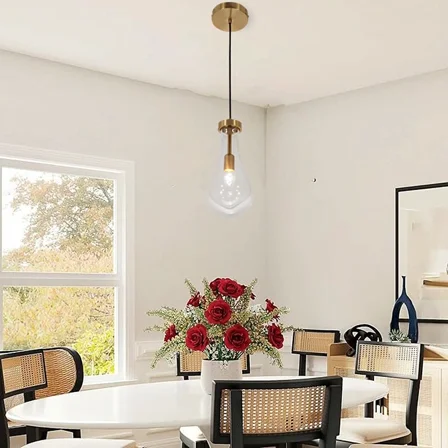 FINE MAKER 5 Inch Modern Raindrop Glass Chandelier Hanging Pendant Light Gold Ceiling Light Fixture