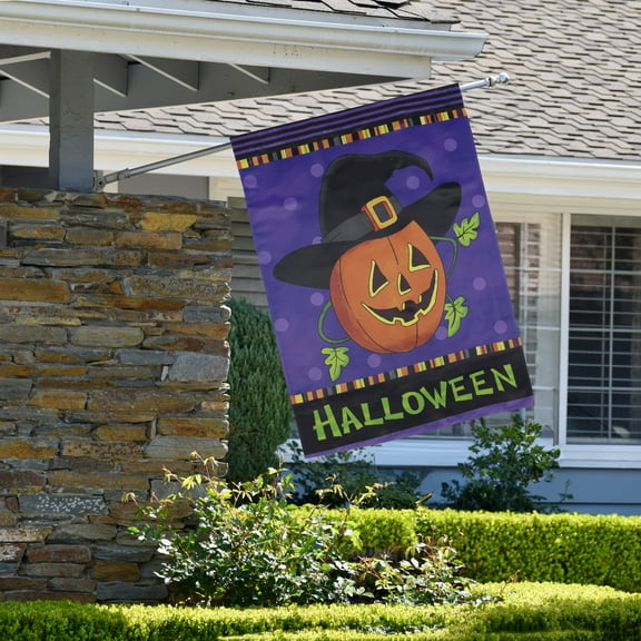 Northlight Happy Halloween Pumpkin in a Witch Hat Outdoor House Flag 28" x 40"