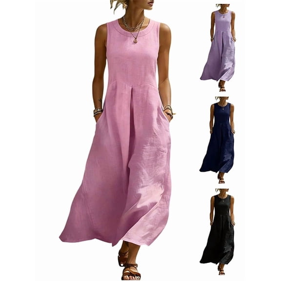 Afuyipoi Womens Cotton Linen Sleeveless Crew Neck Loose Maxi Dress With Pockets, Soft Breathable Flowy Long Casual Dress, Lightweight Summer Beach Vacation Dress For Women Pink Size L
