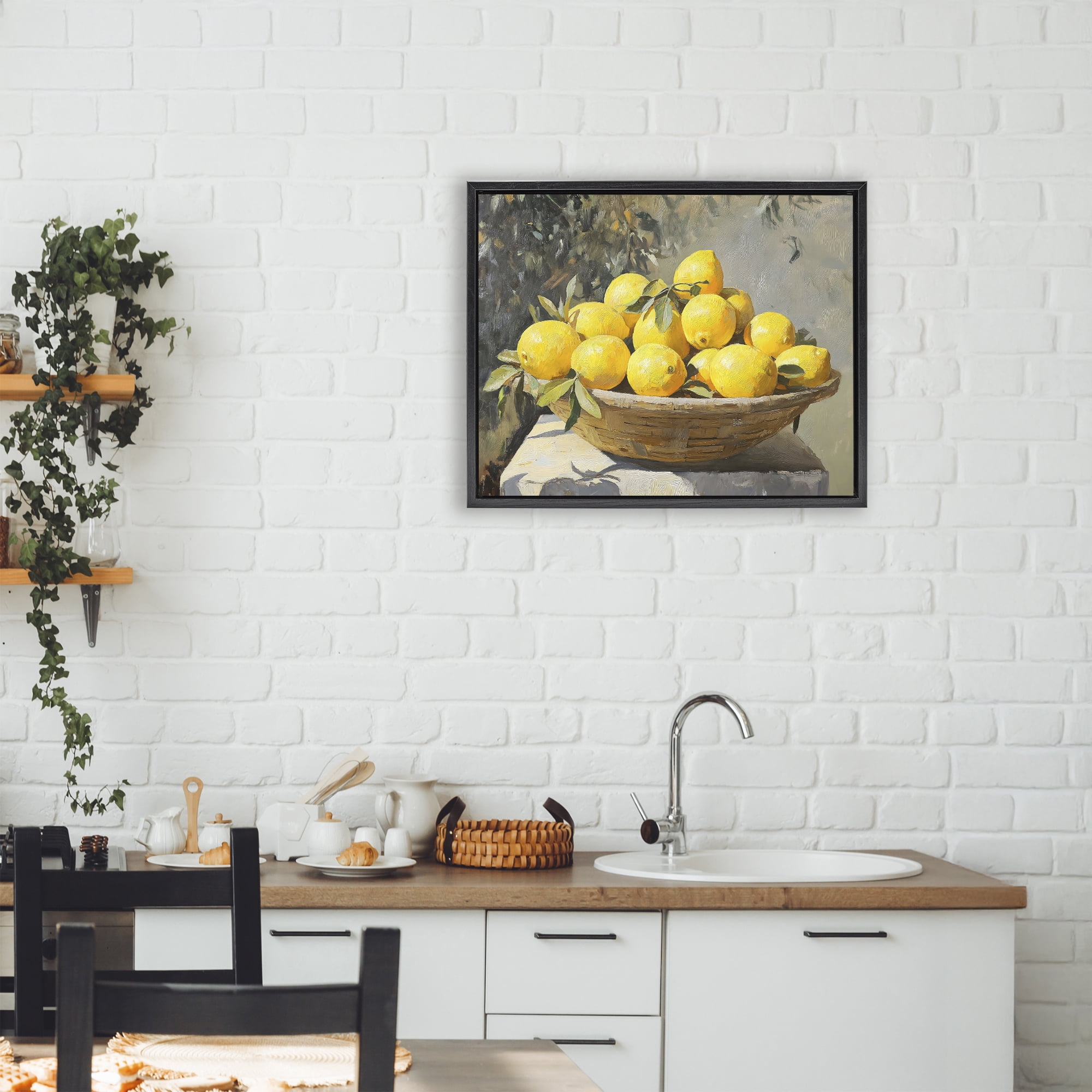 Stupell Industries Basket of Lemons in Sunlight Black Framed Floater Canvas Wall Art, design by Creative Studio
