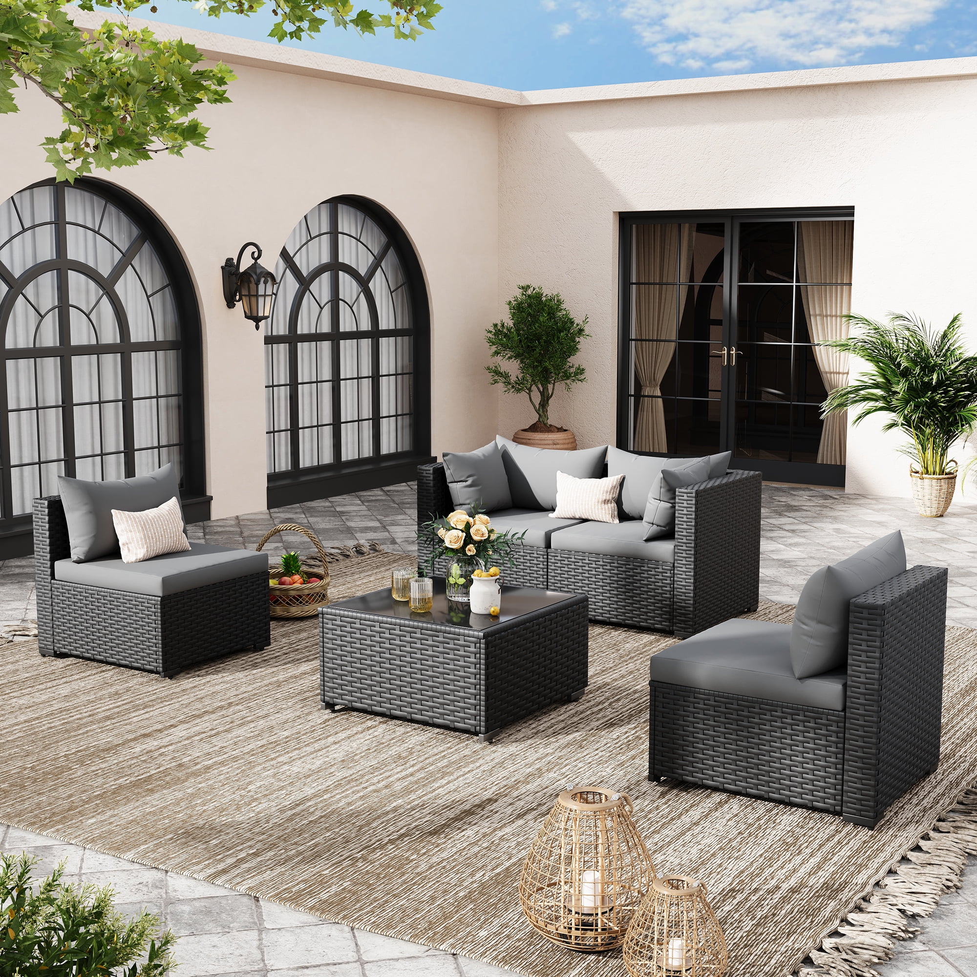 POTEBAN 5 Pieces Patio Conversation Set, Outdoor Black PE Wicker Sectional Sofa for Backyard Garden, Grey