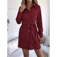 thumbnail image 2 of Women'S Collar V Neck Button Down Pleated Long Sleeve Mini Shirt Dress with Belt Wine Red S, 2 of 8