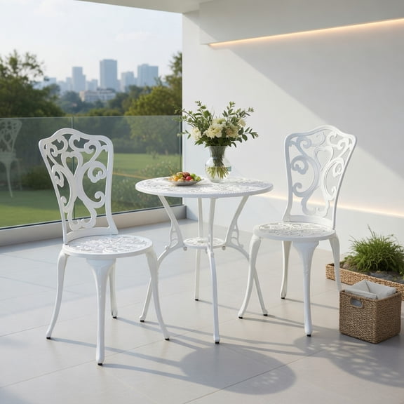 Spaco 3 Piece All Weather Cast Aluminum Bistro Chairs and Table Set, Table with Umbrella Holes for Patio, Garden, Backyard, White