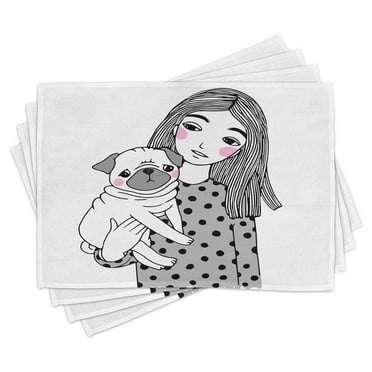 Ambesonne Pug Place Mats Set of 4, Girl Holding Her Pug Love, Standard Size, Black Grey White