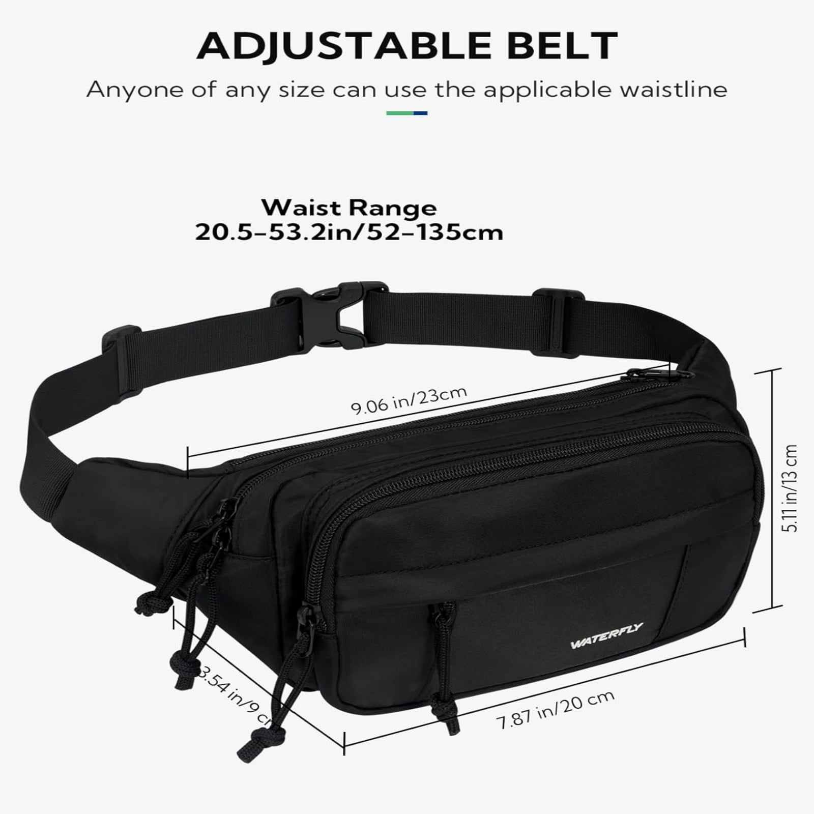 WATERFLY Unisex Large Capacity Running Walking Travel Nylon Fanny Pack Waist Bag,Black