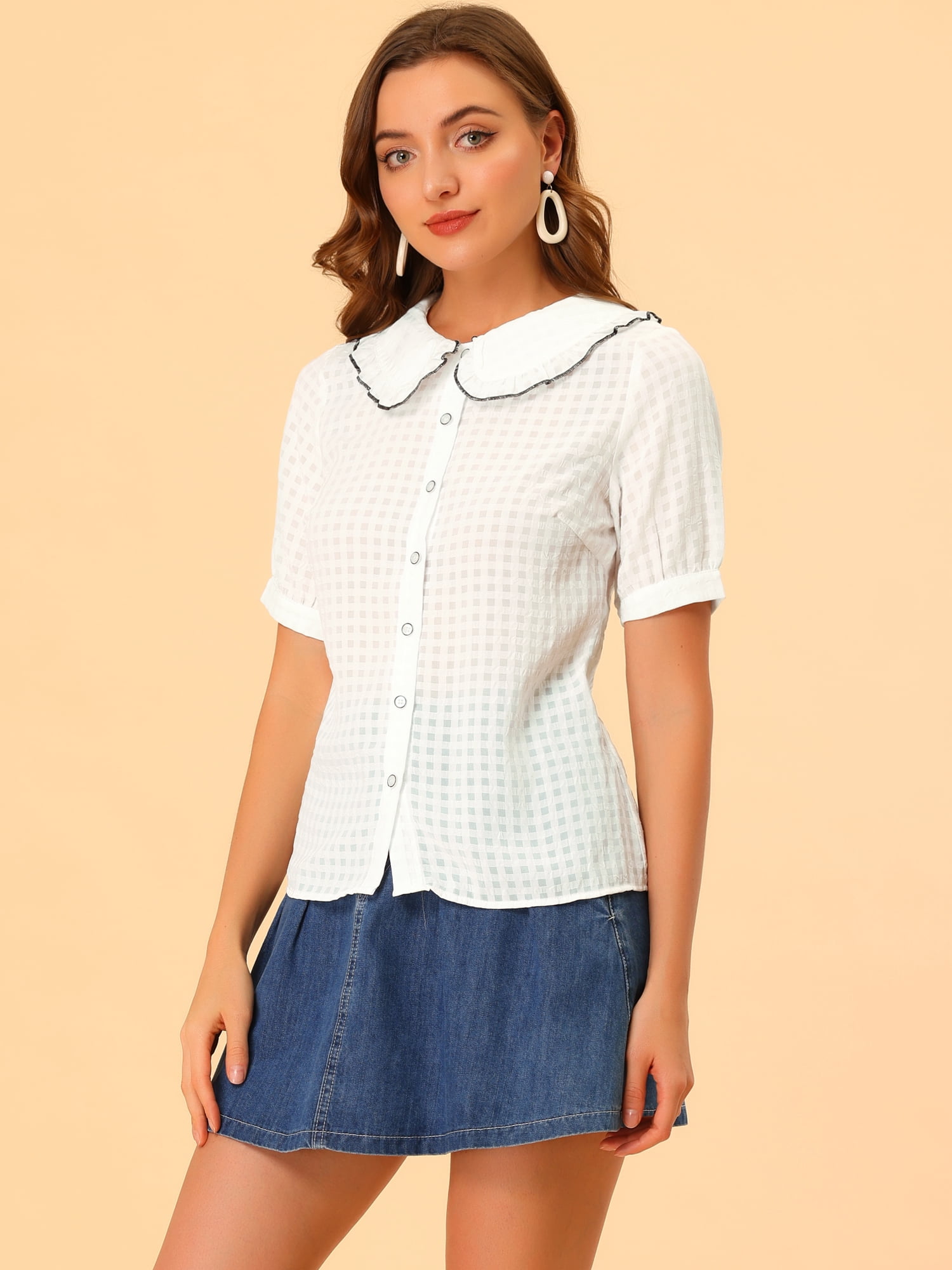 DARING DIVA Women's Peter Pan Collar Ruffled Trim Gingham Shirts Blouse M White