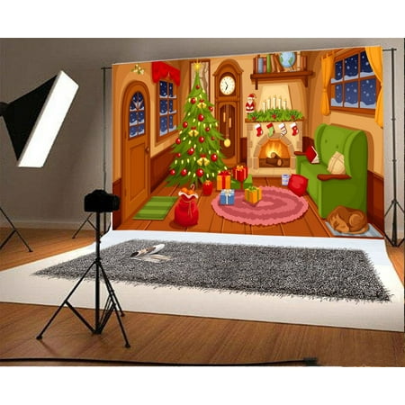 Image of HelloDecor 7x5ft Photography Background Cartoon Christmas Greeting Card Poster Indoor Decor Xmas Tree Fireplace Flame Pray Night Gift Boxes Window Doo