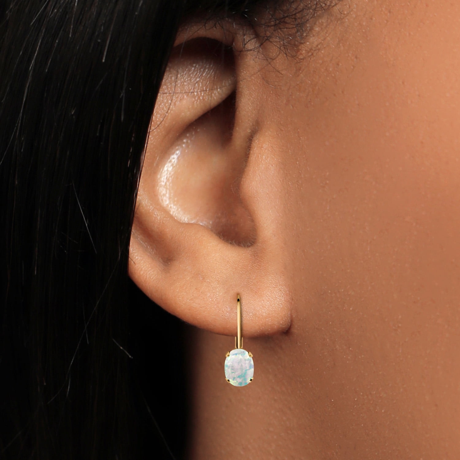 Gem Stone King White Opal Yellow Gold Plated Leverback Earrings for Women (2.00 Cttw, Gemstone October Birthstone, Oval Cabochon 7X5MM)