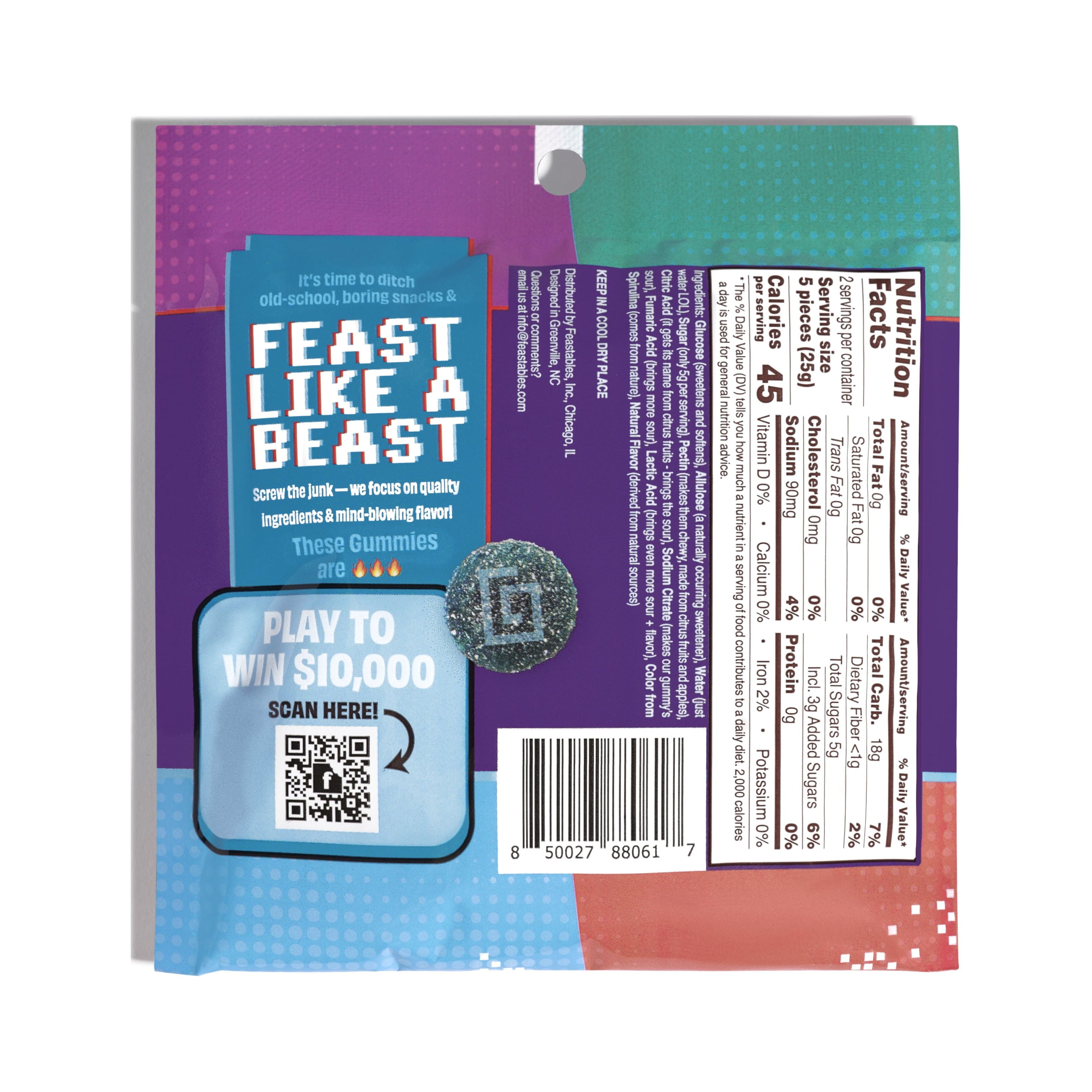 Feastables Karl Gummy Candy, Sour Blue Raspberry Flavor, 1.8 oz, 1 Bag
