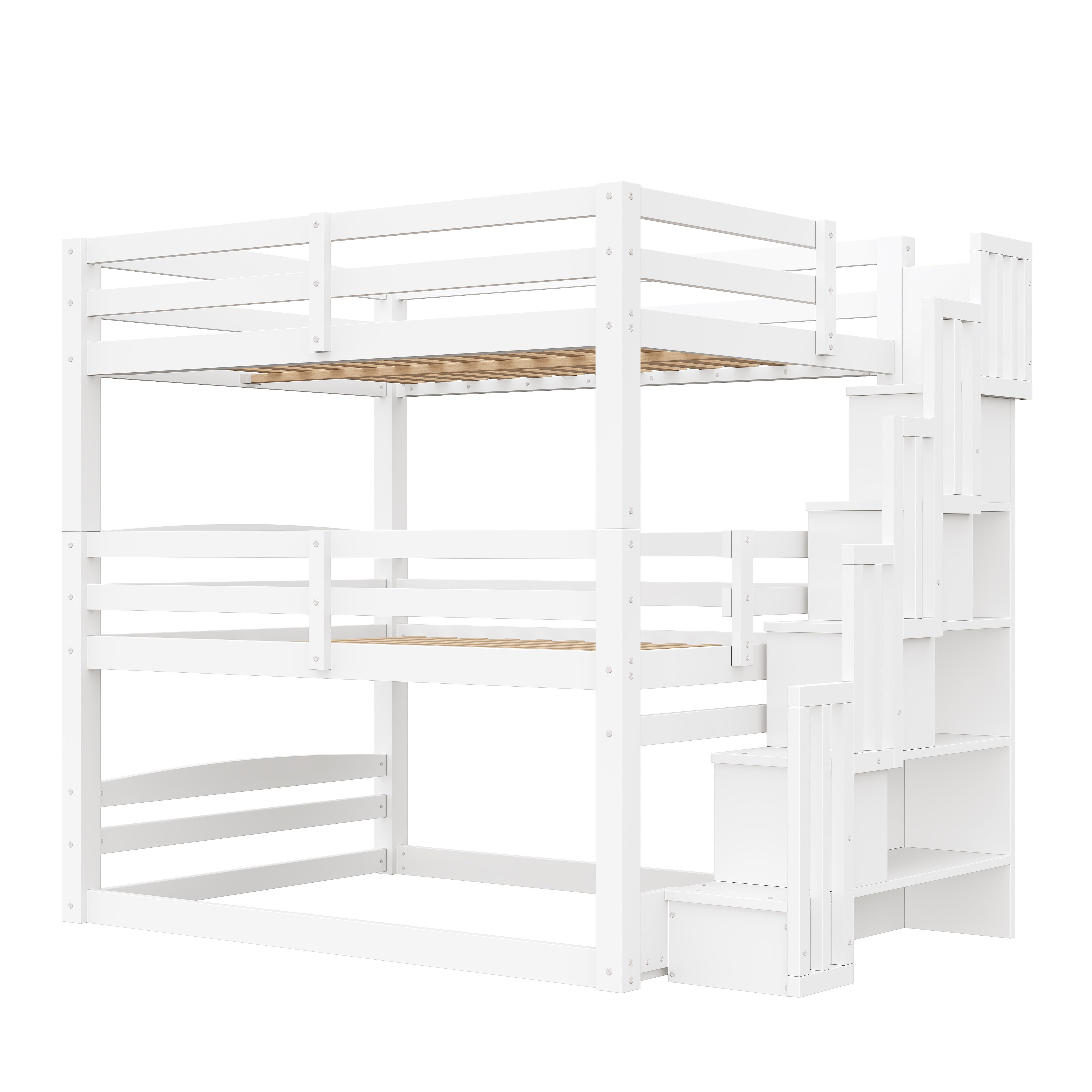 Euroco Full Size Triple Bunk Bed with Storage Staircase, White