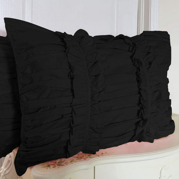 2 Piece Ruched Ruffle Pattern Solid Black Pillow Shams, (Standard 20X26 Pillow Cover), 100% Egyptian Cotton, 800 Thread Count, Standard Size