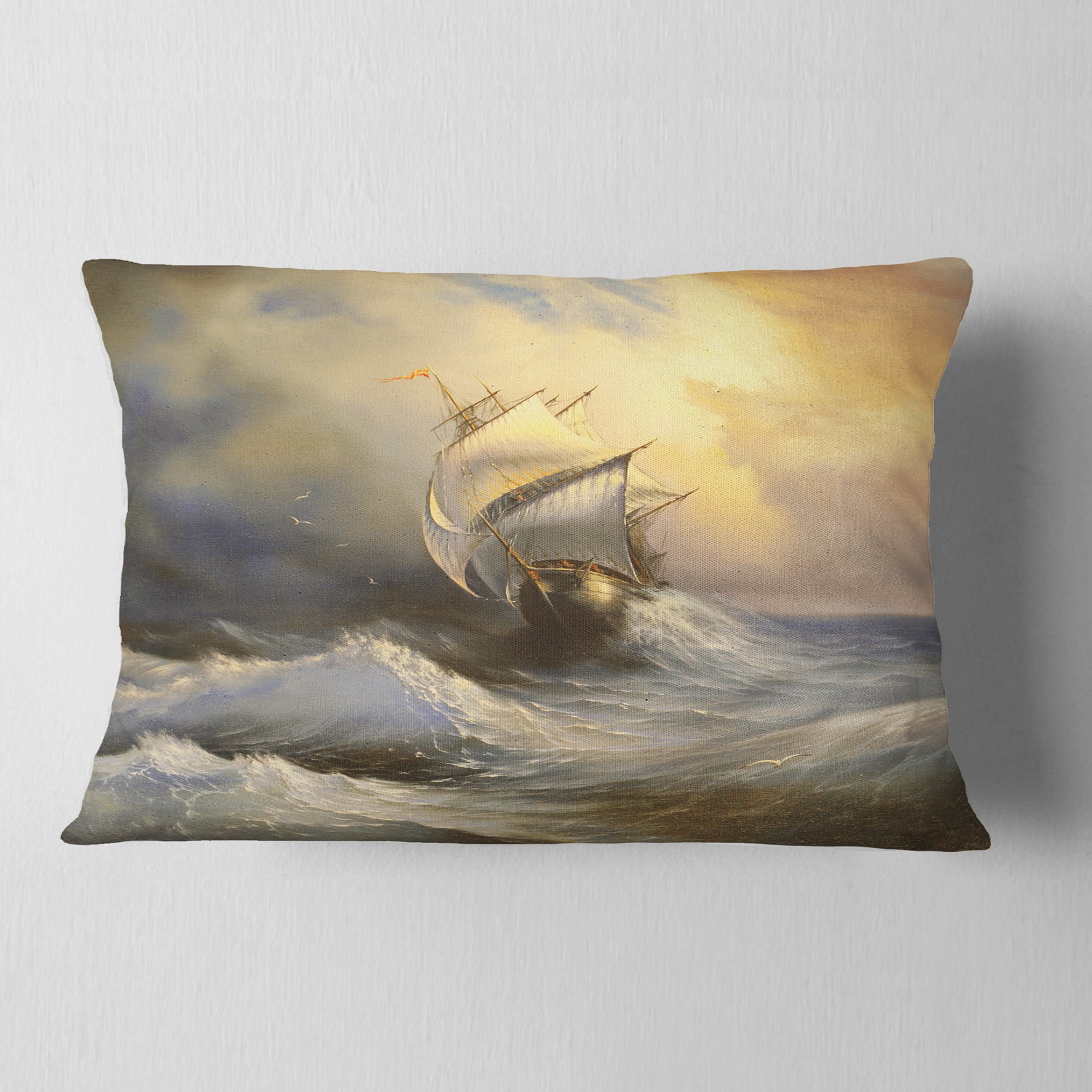 Designart Vessel in Stormy Sea - Seascape Throw Pillow - 12x20