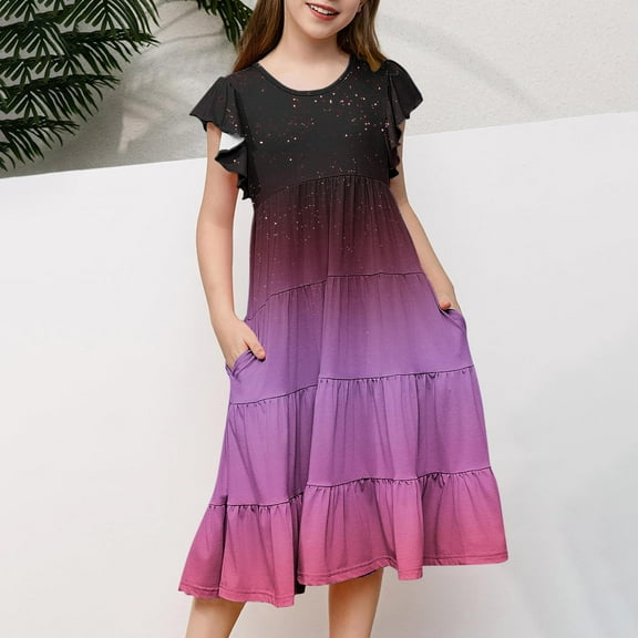 Alkepwun Girls Ruffle Sleeve Sundress Kids Summer Crewneck A Line Casual Dress Ombre Tiered Swing Midi Dress with Pockets 6-14 Years