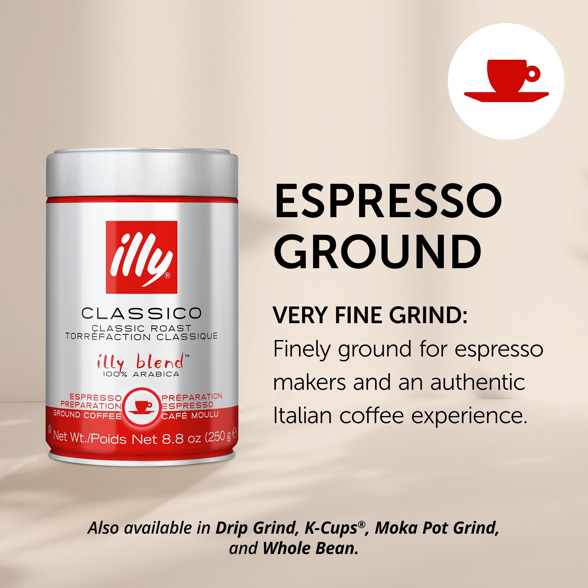 illy Café moulu Espresso Classico torréfaction moyenne, 8.8 oz • L'emballage unique du café sous pression préserve la saveur • Provenant du meilleur café 100 % Arabica • Goût magnifiquement équilibré et constant