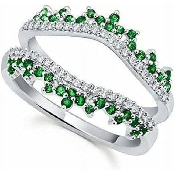 Gems Jewels 2.00 Ctw Round Cut Green Emerald Engagement Enhancer Guard Wrap Ring 14K White Gold Plated 925 Sterling Silver 925 Sterling Silver -9