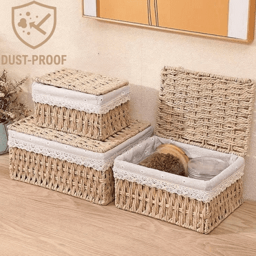 MEHOOM Wicker Basket with Lid, Set of 3 Woven Storage Baskets, Decorative Wicker Storage Bins for Home Organization