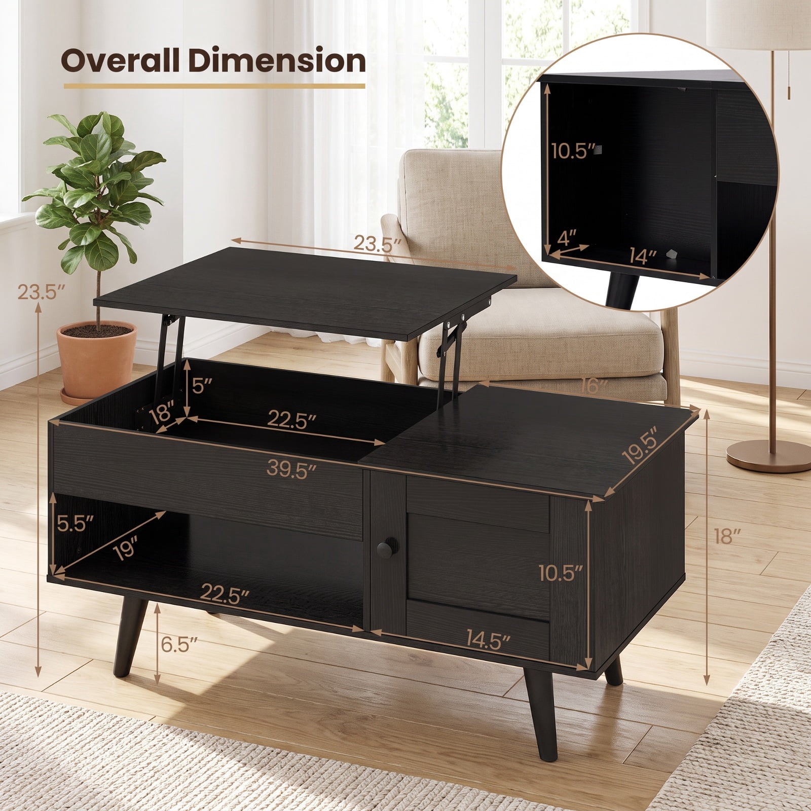 Furnibear Lift Top Coffee Table with Hidden Compartment Open Shelf and Storage Cabinet for Living Room and Home Office, Black