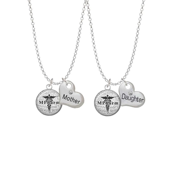 Delight Jewelry Silvertone Domed Black MPharm Mother & Daughter Heart Necklaces (Set of 2), 19"+2"