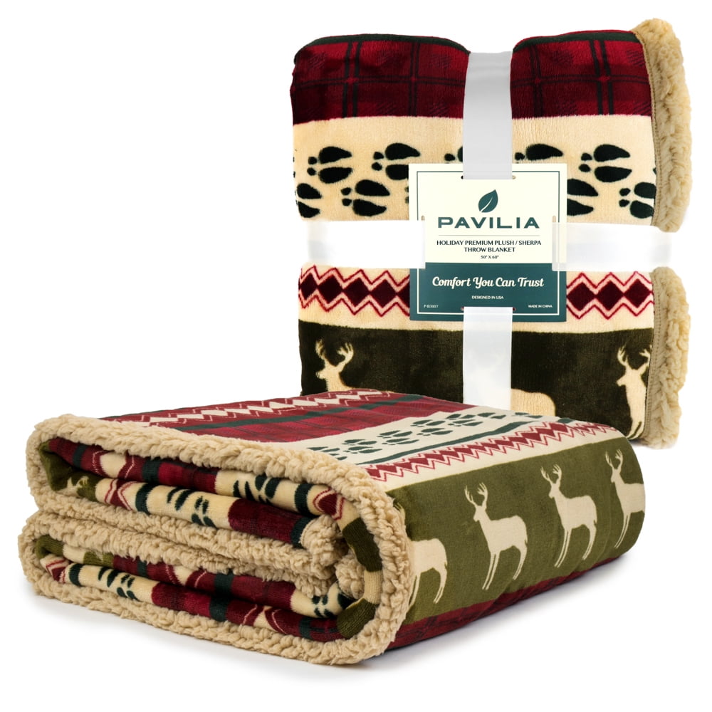 PAVILIA Christmas Sherpa Blanket Throw Queen Bed| Red Flannel Fleece Christmas Decoration Blanket| Plush, Warm, Soft Cozy Reversible Winter Holiday Blanket| Christmas Gift  90x90