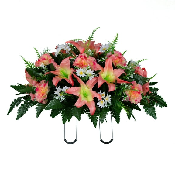 Sympathy Silks Artificial Cemetery Flowers Peach Lily and Carnation with White Daisies Saddle