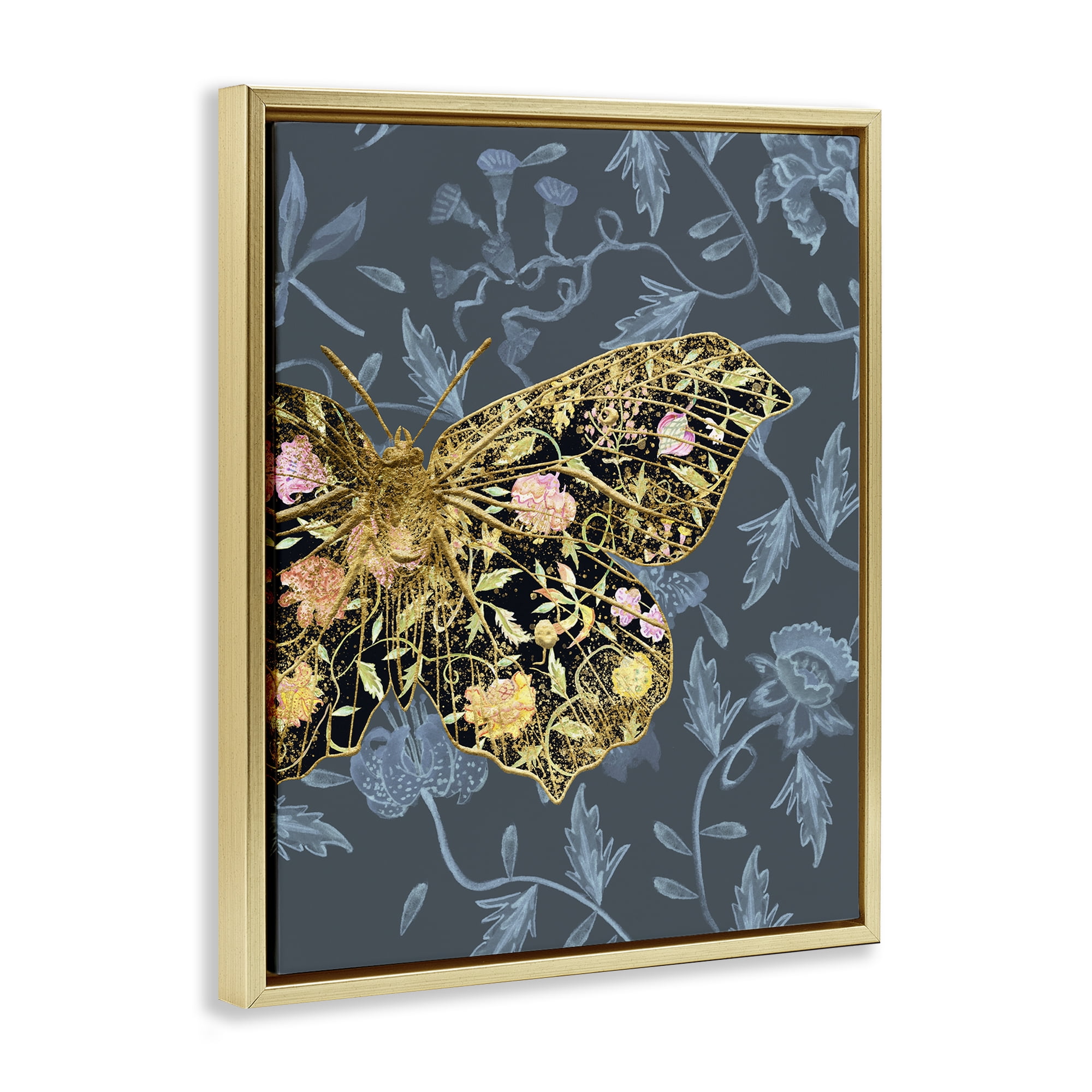 Stupell Industries Blue & Gold Butterfly Animals & Insects Painting Gold Floater Framed Canvas Art Print Wall Art, 17 x 21