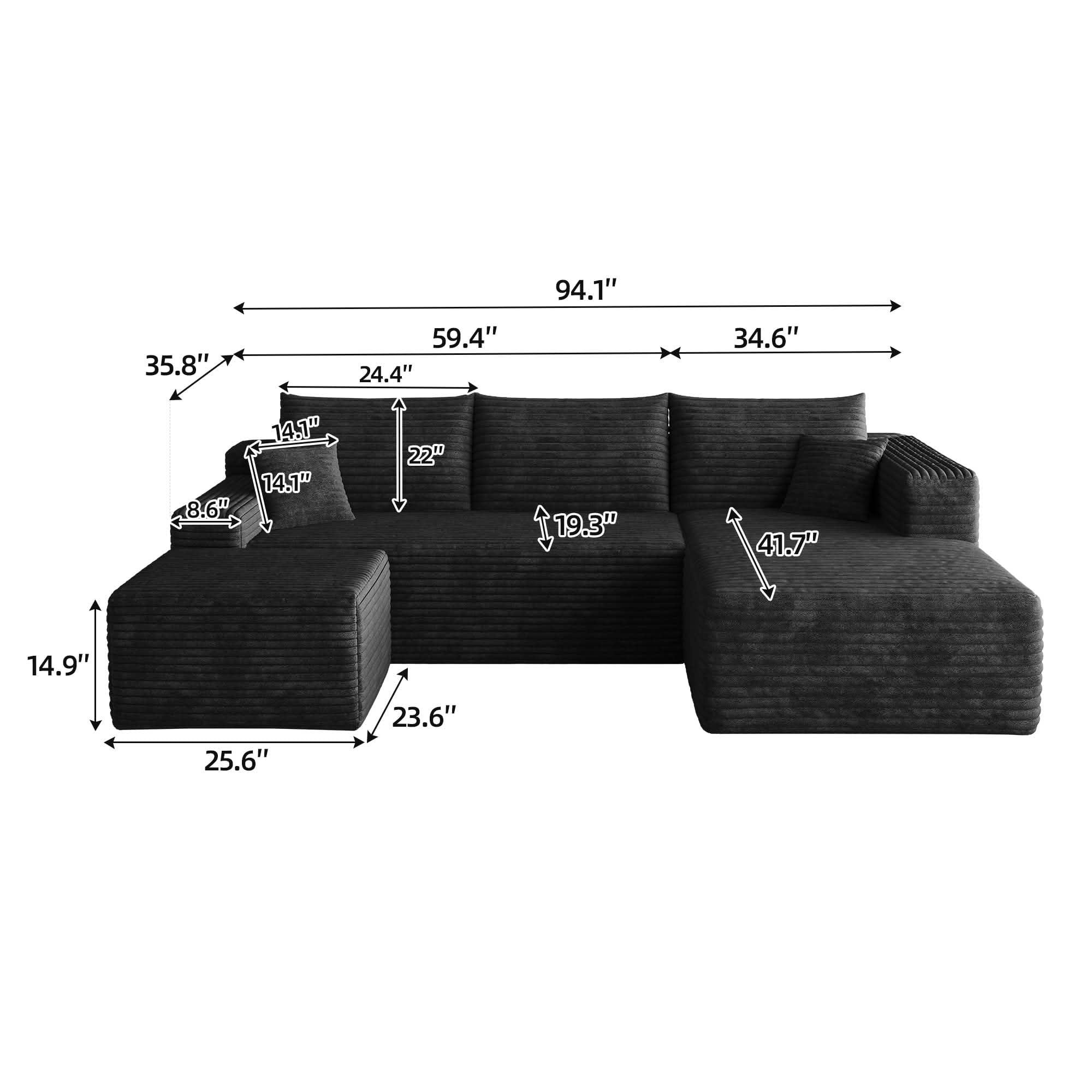 MAYEERTY 95" Cloud Sectional Sofa with Ottoman, U-Shaped Corduroy Deep Seat Couch, No Assembly for Living Room, Black