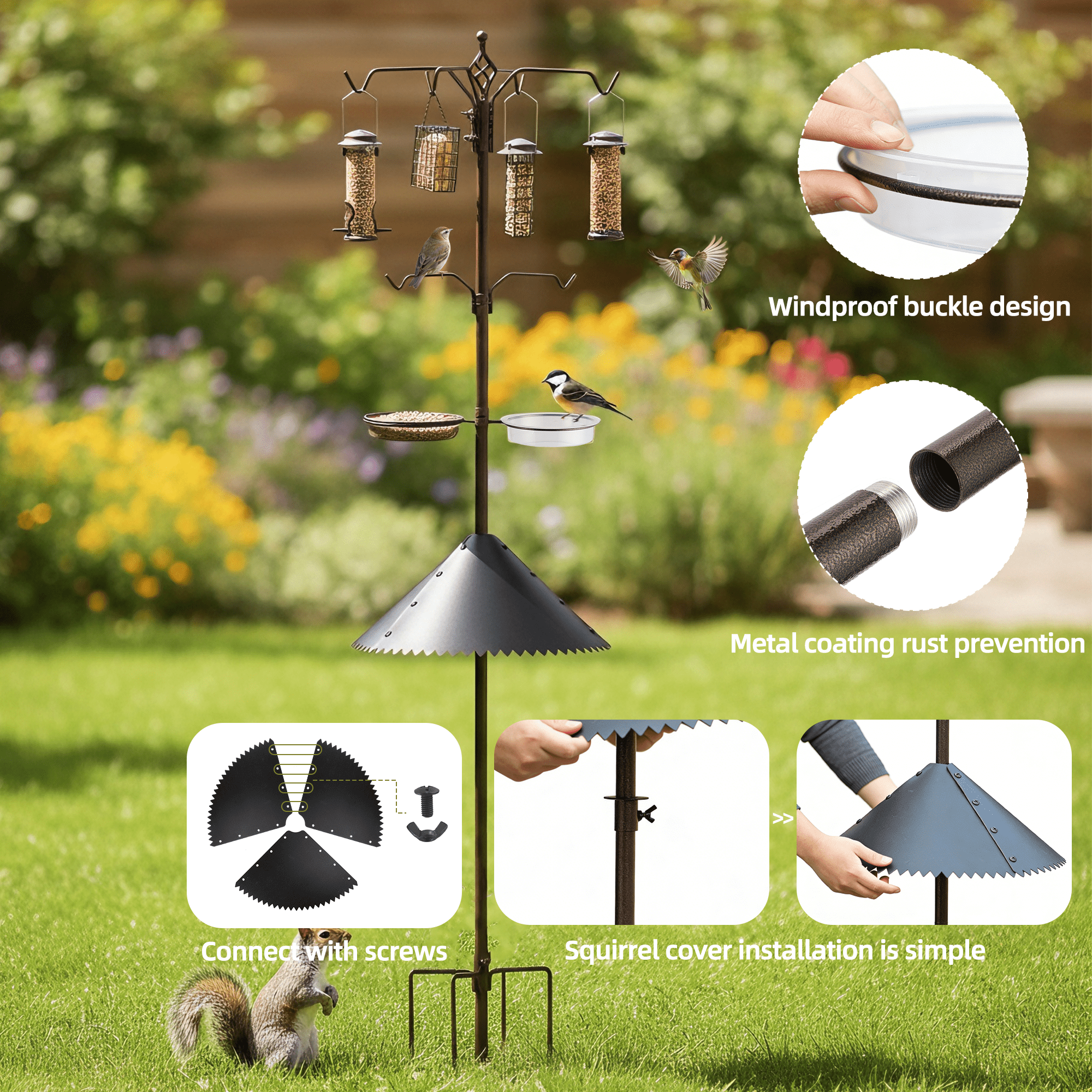Urban Deco Bird Feeding Station,A Set with 6 Bird Feeders Hanging,Wide Metal Squirrel Baffle , Bird Feeder Poles Kit Premium Bird Bath for Attracting Wild Birds