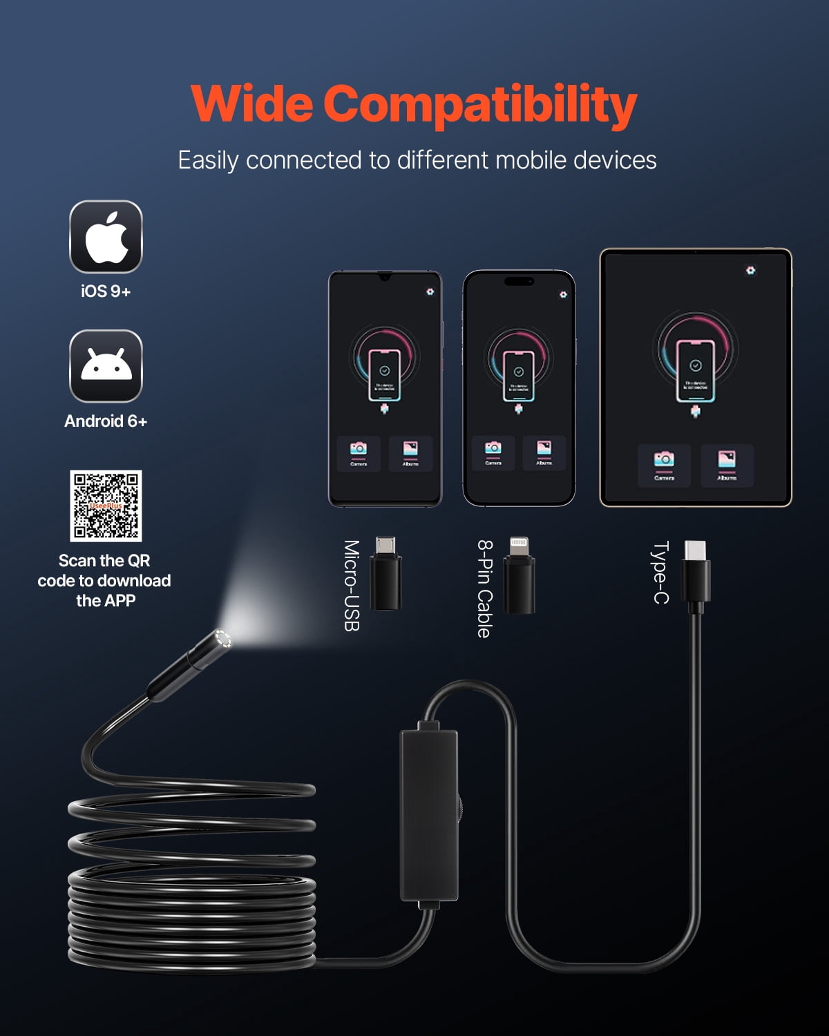 VEVOR Endoscope Camera with Light, 1920P HD Borescope for Android & IOS, 8 LED Lights Inspection Camera with 16.4FT Semi-Rigid Cable, 2X Zoom, IP67 Waterproof Snake Scope Camera for Auto, Plumbing
