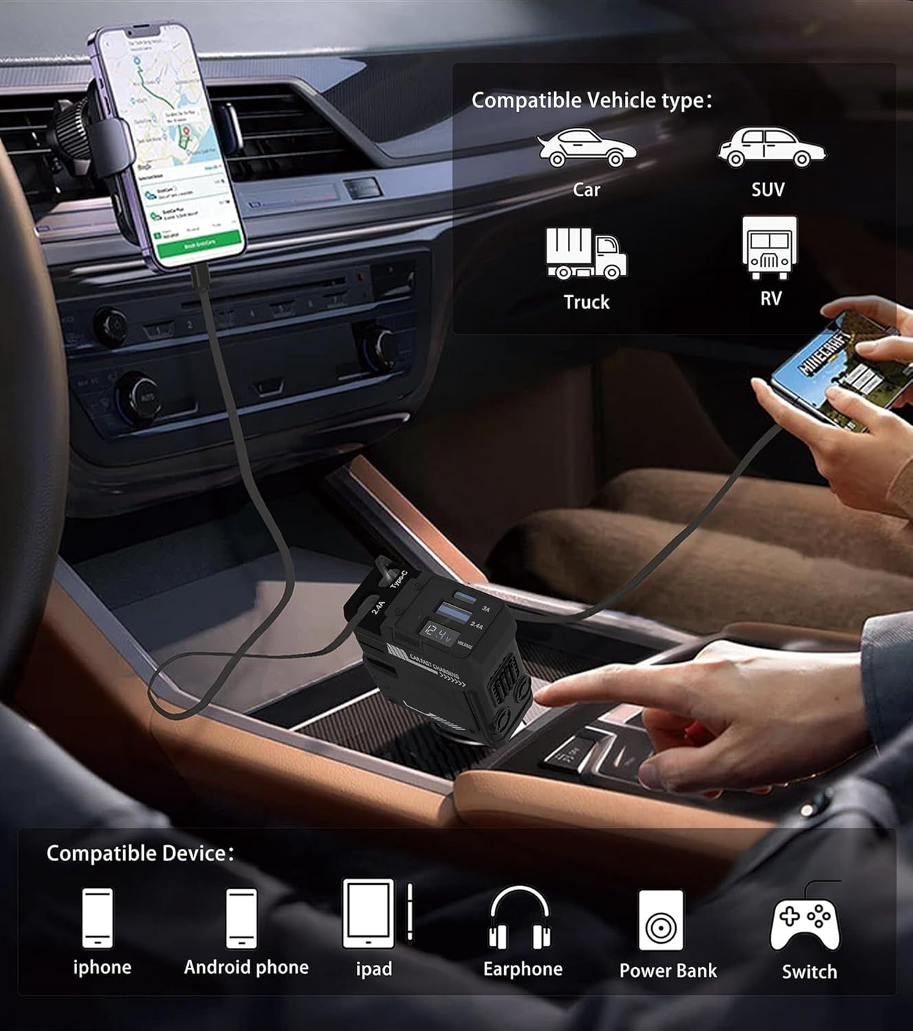Retractable Car Charger, 4 in 1 Retractable Phone Charger with 66W Fast Charging, 2 Retractable Cables and 2 USB-C USB-A Port Compatible with iPhone 16/15/14/13/12/11,Samsung, Galaxy,Pixel (Black)