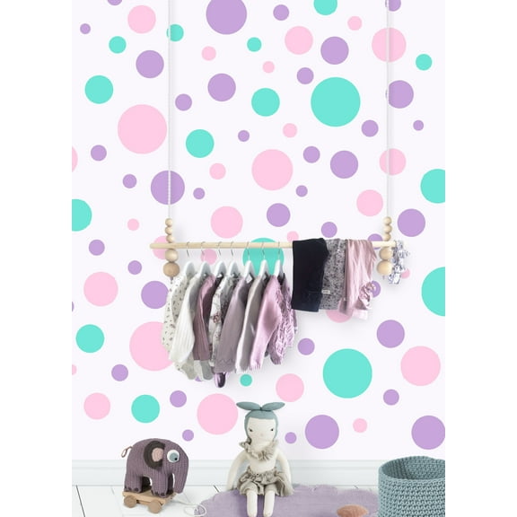 Pastel Polka Dot Wall Stickers Girls Room Decor (63) Fun Dots Decals 1"-6.5" (Pink, Mint, Lilac)