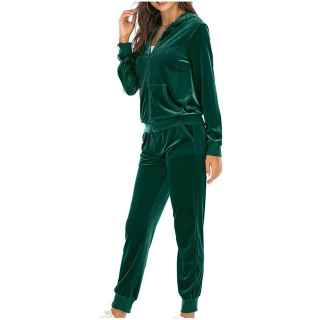 FAIWAD Ensemble de Survêtement en Velours pour Femmes 2 Pcs, Tenues en Velours à Fermeture Éclair, Chandail à Capuchon et Pantalon de Survêtement, Tenue de Jogging