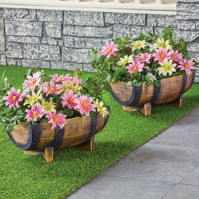 Rustic Half Barrel Planters - Set of 2, Weather Resistant