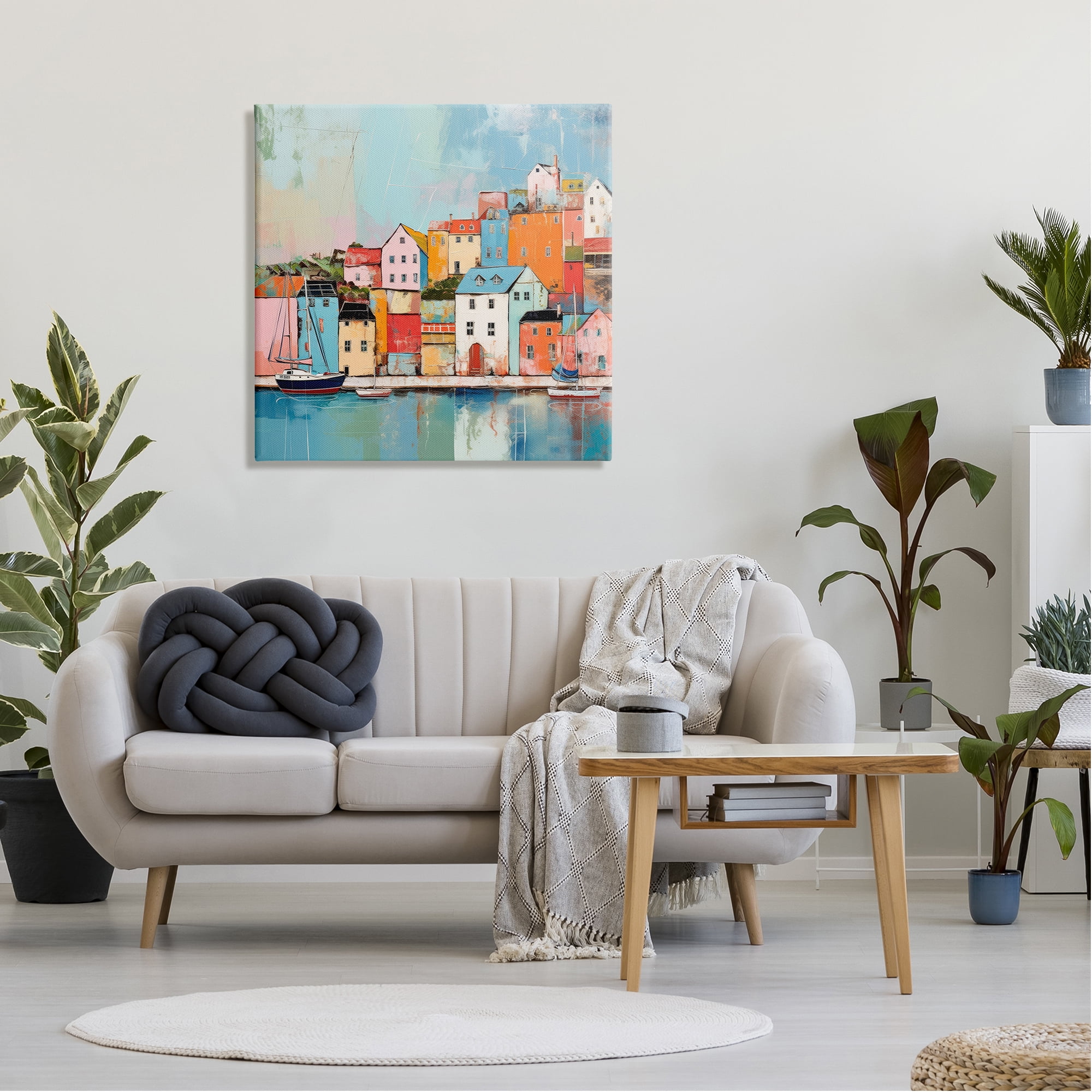 Stupell Industries Seaside Town Landscape Transportation Painting Gallery Wrapped Canvas Art Print Wall Art, 30 x 30