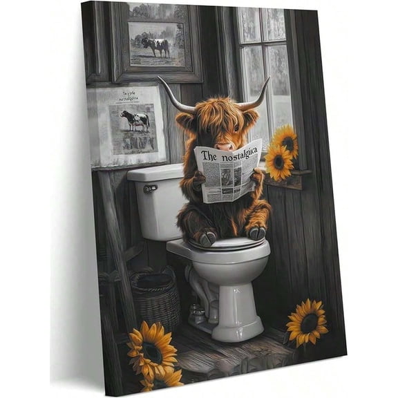 Framed Funny Bathroom Wall Decor, Cute Animal Wall Decor, Highland Cow In Toilet Bathroom Wall Art Print Poster,