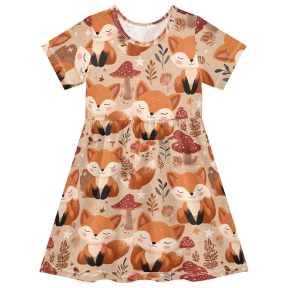 A Little Fox with A Smiling Face. Short Sleeve Dress A-Line Cute Midi Casual Sundress 2-8 Years
