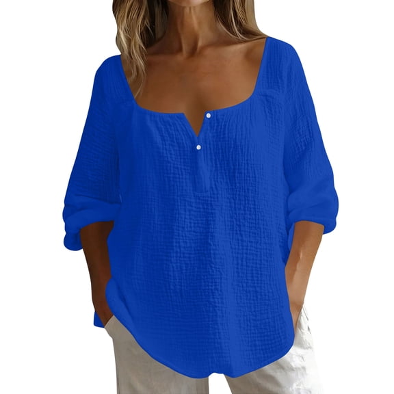 Lopecy-Sta Tops for Women 3/4 Sleeve Square Neck Button Detail Casual Top For Spring And Summer Wear
