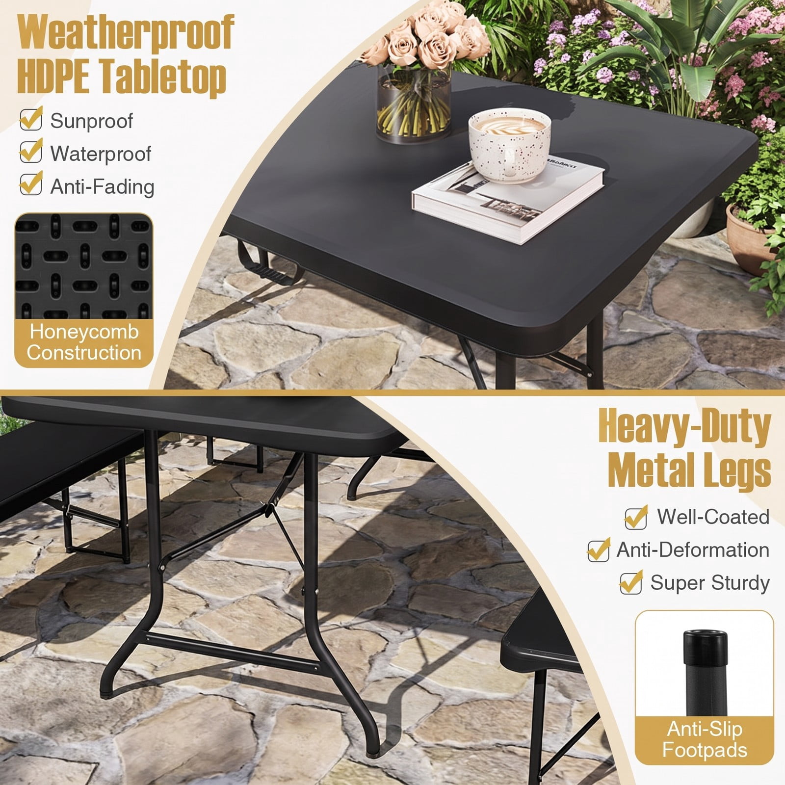 ALPULON 6 FT Portable Folding Table, 350 LBS Fold-in-Half Plastic Utility Table with HDPE Tabletop and Carry Handle for Picnic, Camping, Party and Indoor Events, Black